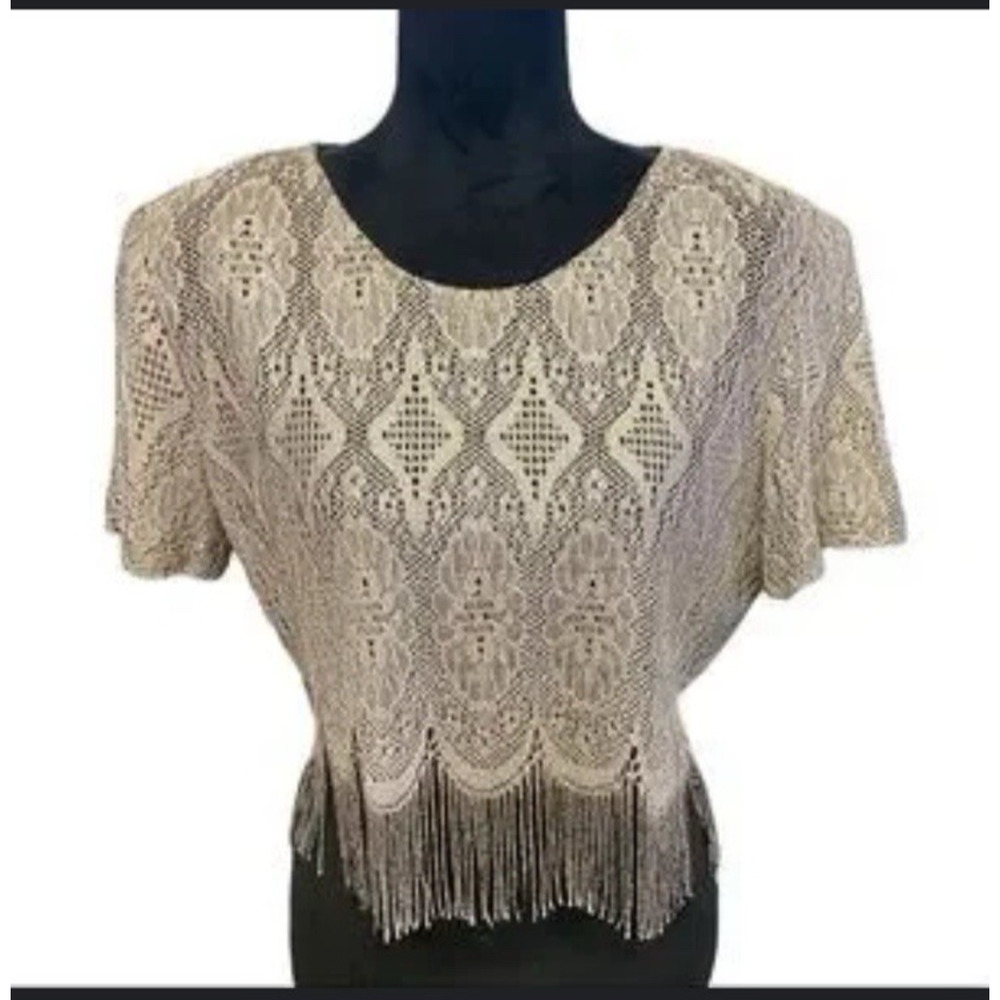 Vintage Sharade Nites metallic fringe lace top Size 8 Xx1339